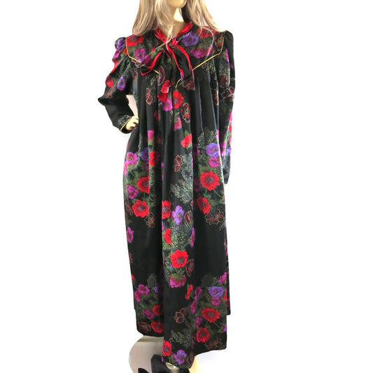 80s VTG Christian Dior Black Floral Satin Robe Dressing Gown Caftan M