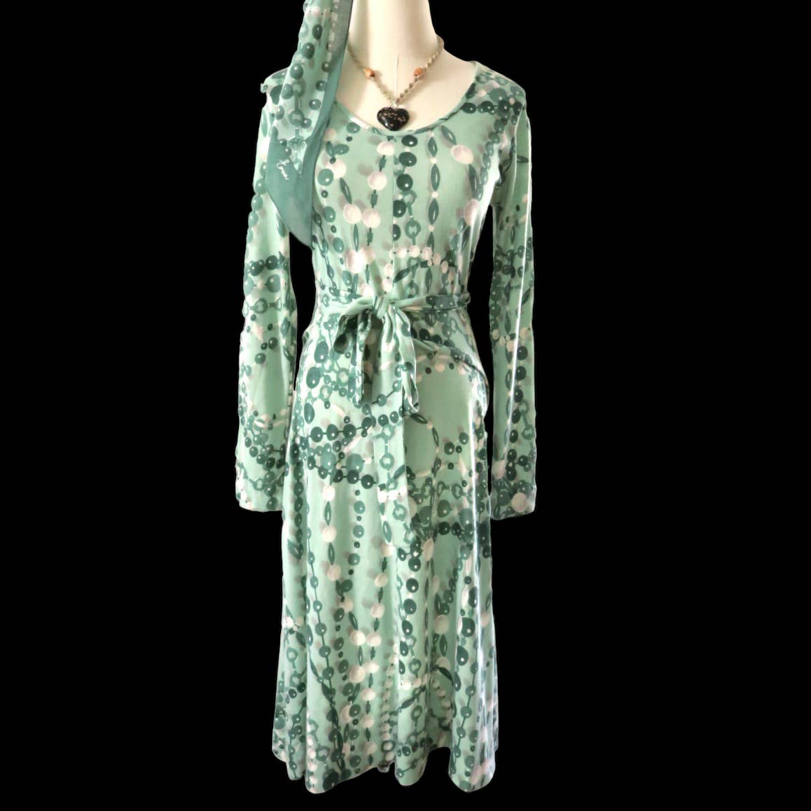 70s Vintage Eva for Robert Janan Green Novelty Print Belted Dress S