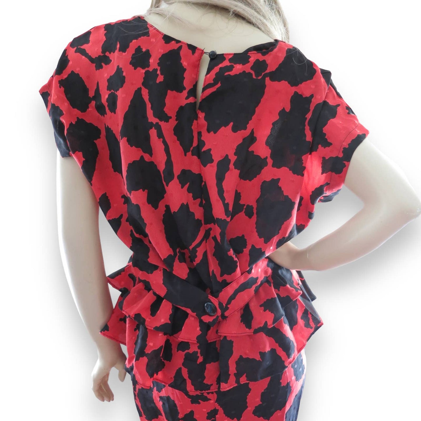 80s Red Animal Print Peplum Top & Skirt Set M/L
