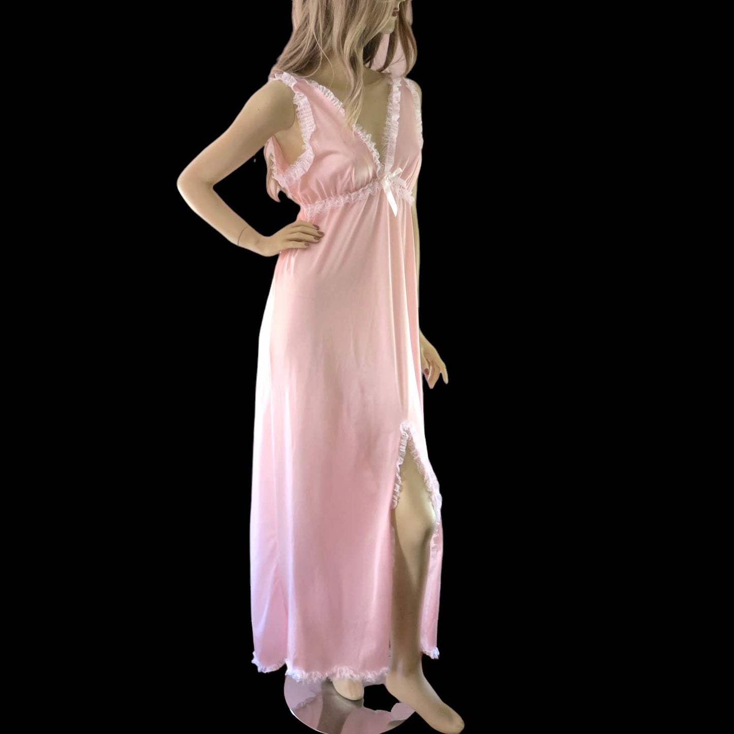 80s Pink Ruffled Lace Maxi Nightdress L