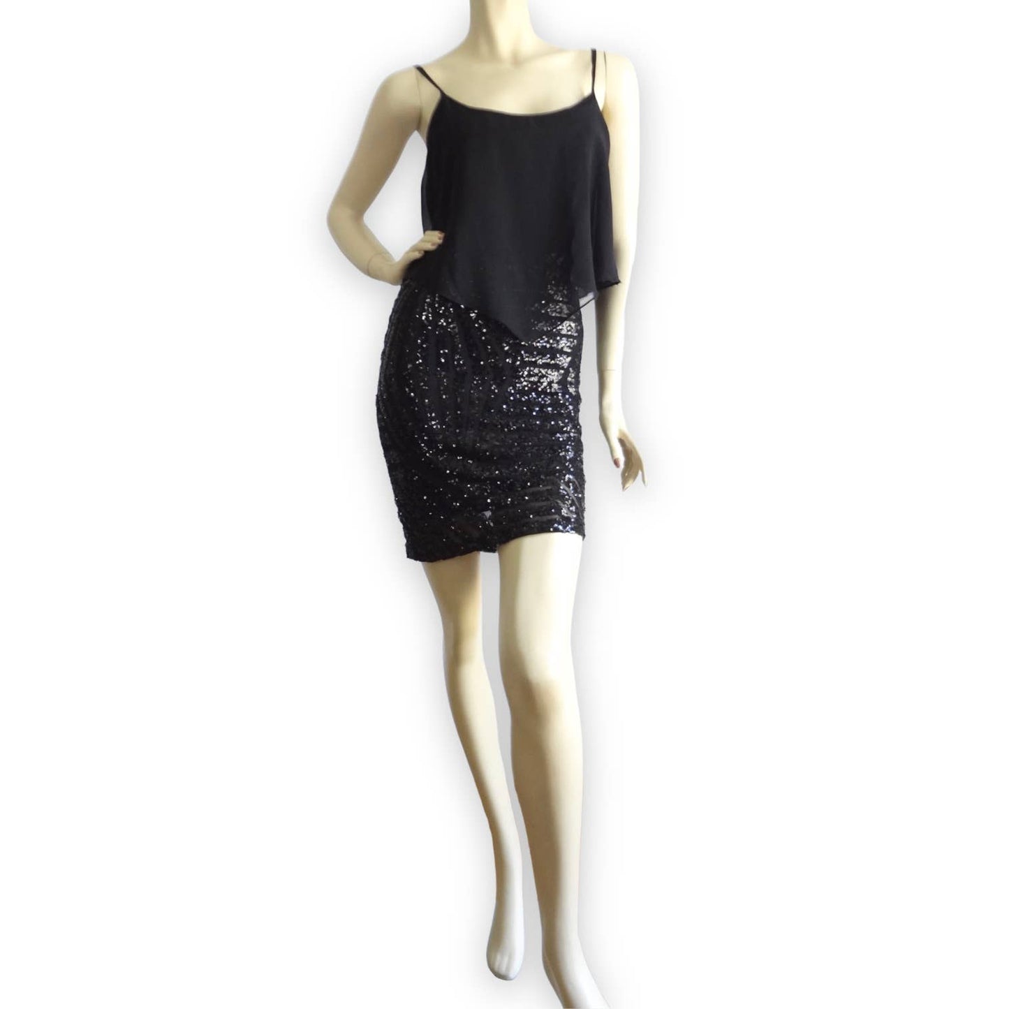 90s Vintage DEB Black Sequin Cocktail Dress S