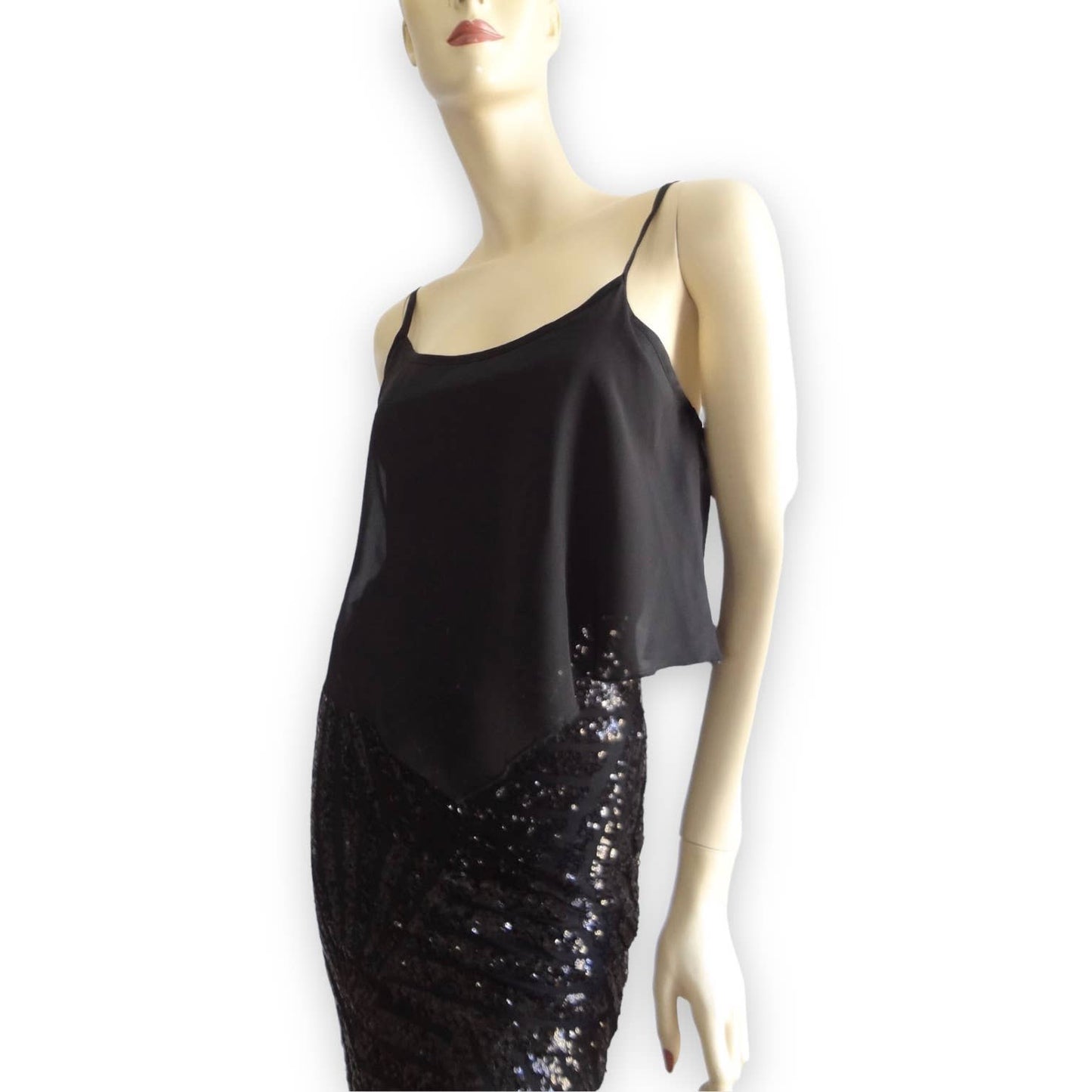 90s Vintage DEB Black Sequin Cocktail Dress S