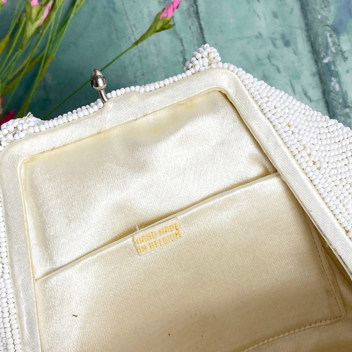 50s White Glass Beaded Top Handle Evening Bag