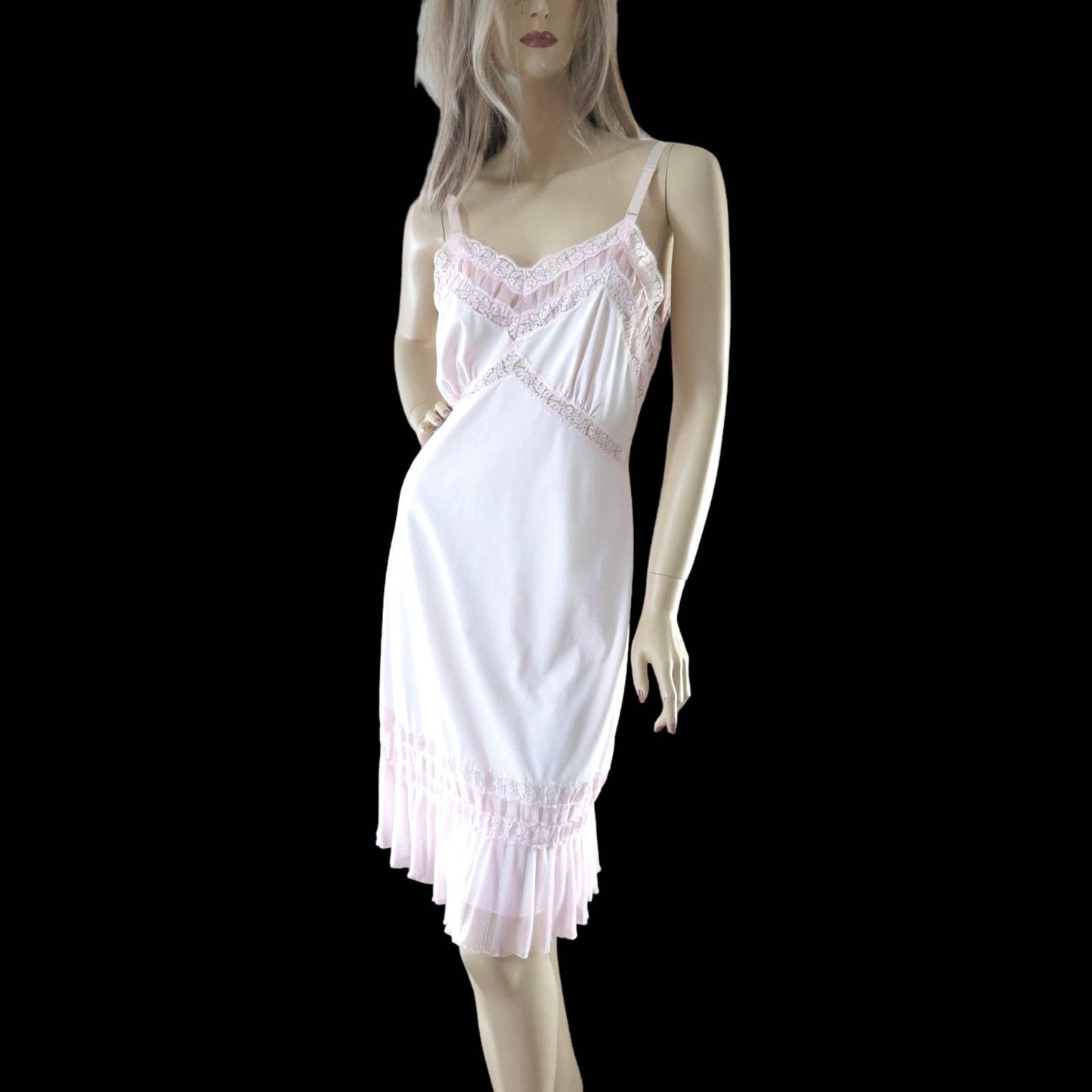 70s Vintage Pink Pleated Chiffon & Nylon Slip Dress S