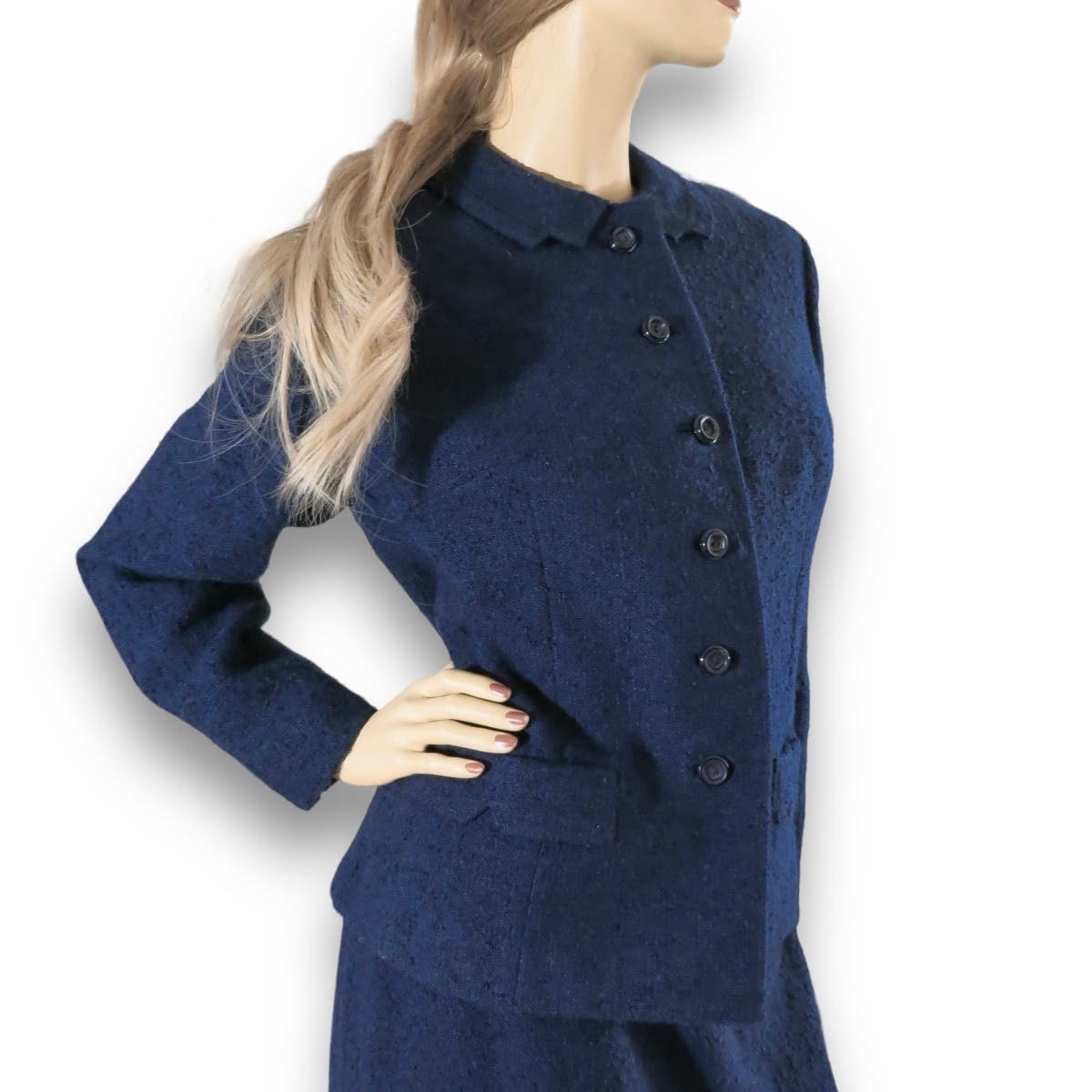 Vintage 1950s Navy Blue Wool Tweed Skirt Suit Size M