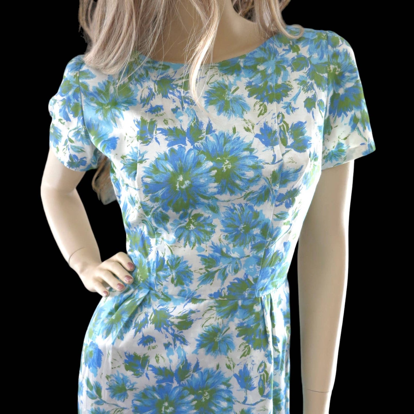 50s Vintage Blue Floral Wiggle Dress XS/S