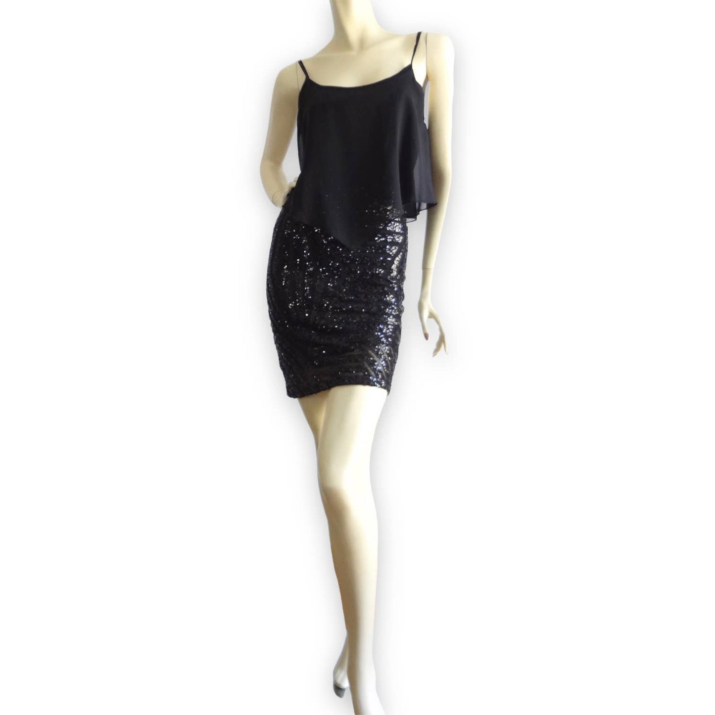 90s Vintage DEB Black Sequin Cocktail Dress S