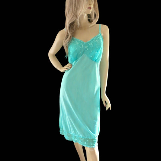70s Vintage Turquoise Blue Embroidered Slip Dress XL