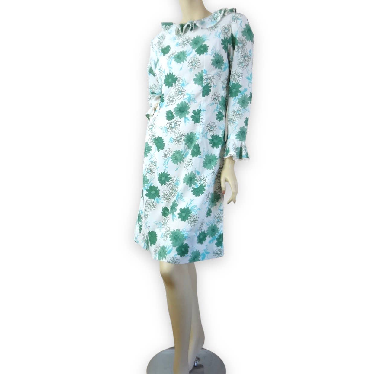 60s Vintage Daisy Print Ruffle Sleeve A-Line Dress M