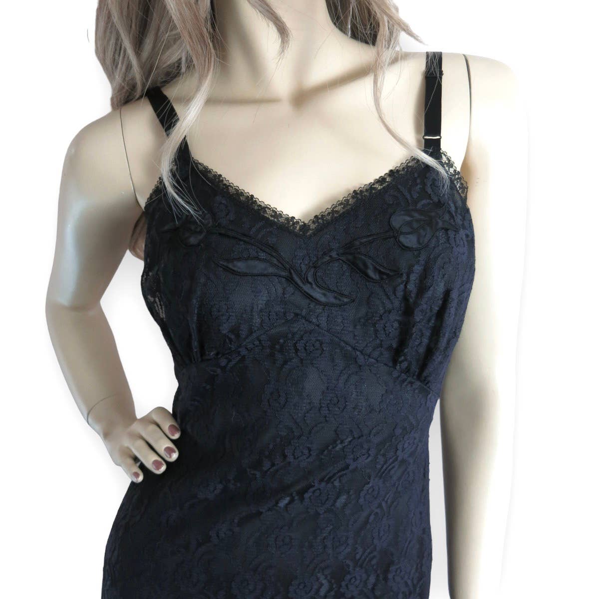 60s Vintage Black Lace Slip Dress XS Deadstock