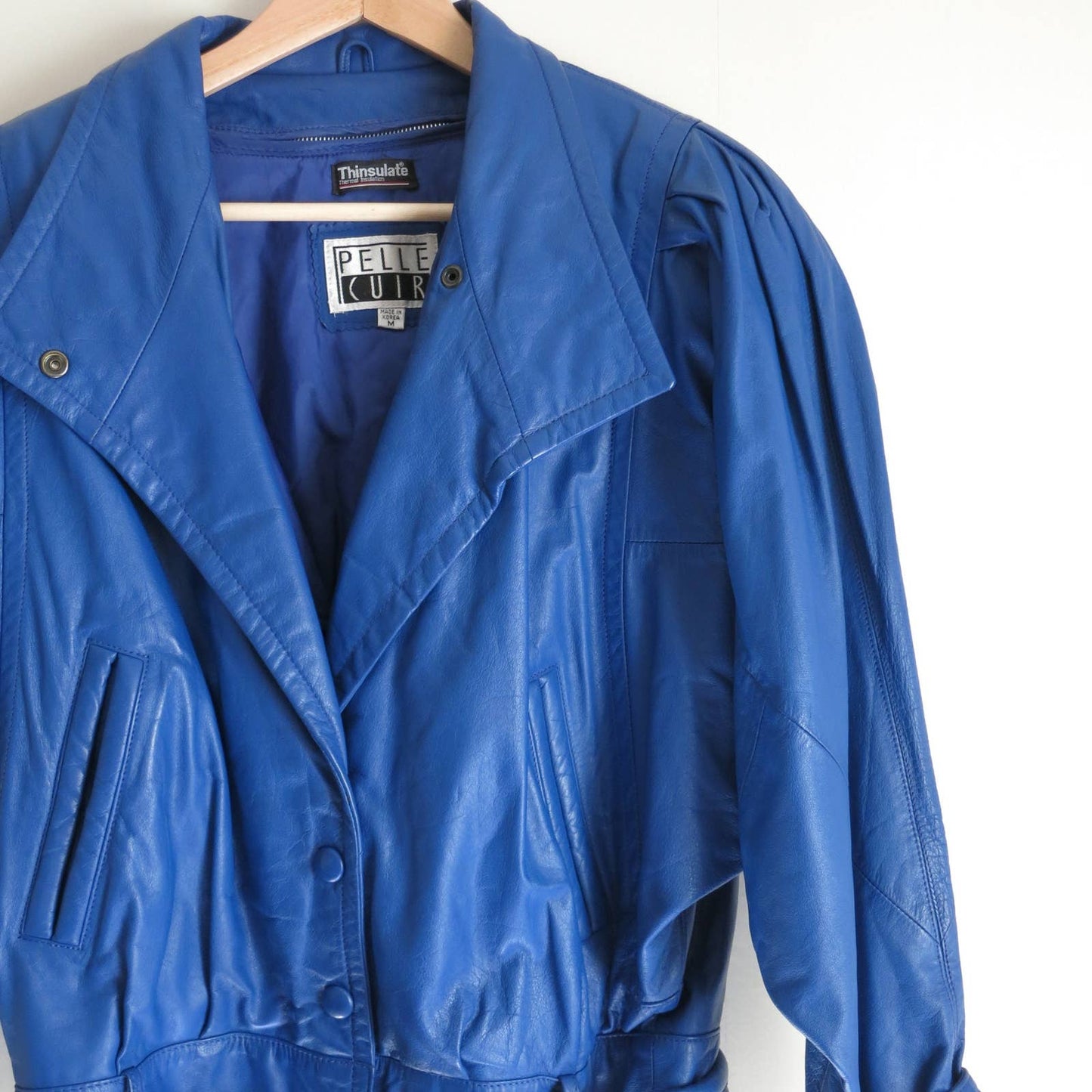 80s Vintage Blue Leather Cropped Moto Jacket M