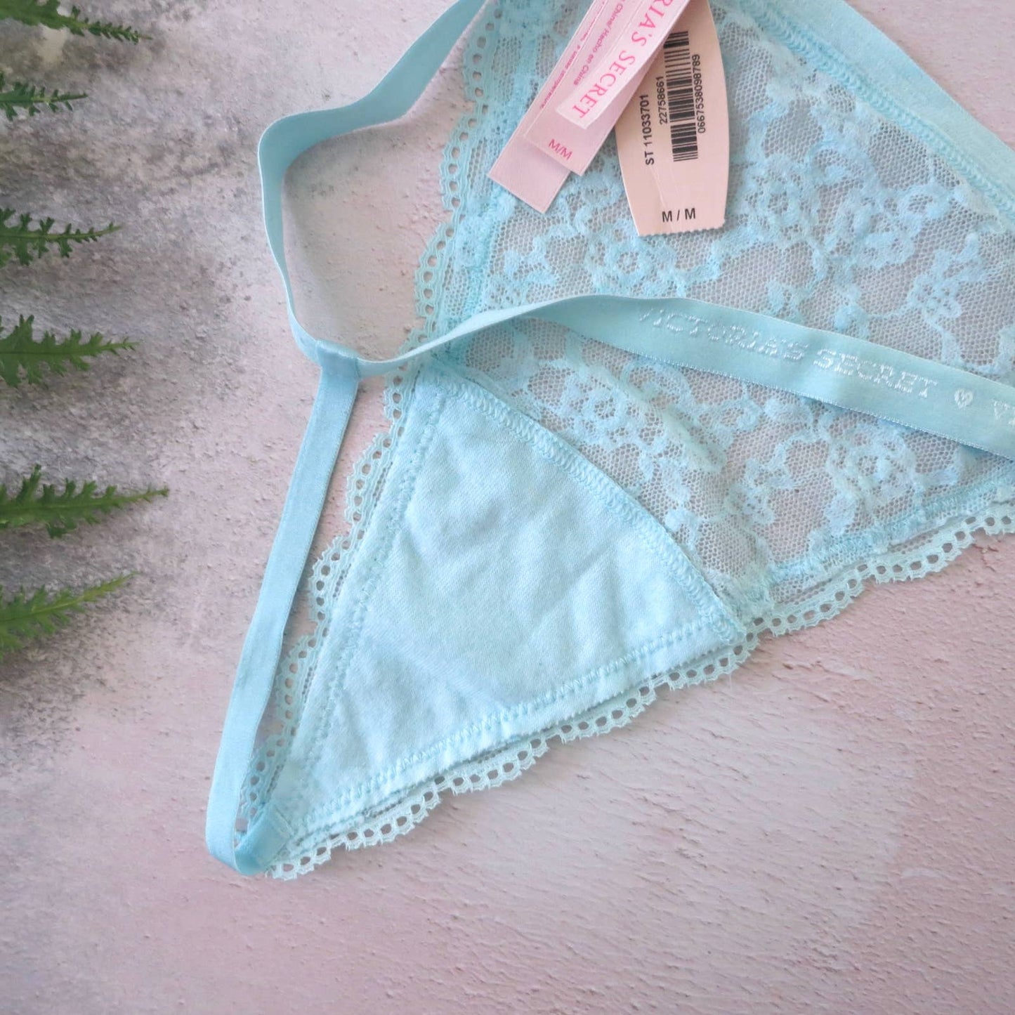 NWT Victoria's Secret Ice Blue Nylon Lace V String Panties M