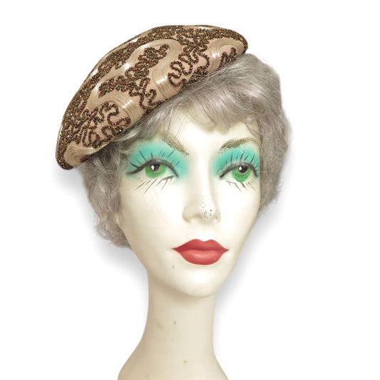 Vintage 1950s Sepia Beads & Ivory Satin Rope Cap Beret Hat