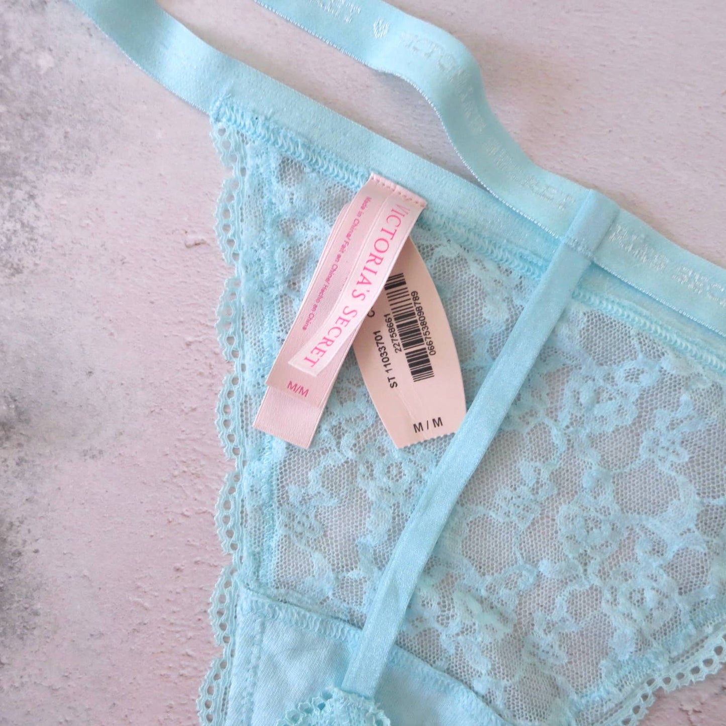 NWT Victoria's Secret Ice Blue Nylon Lace V String Panties M