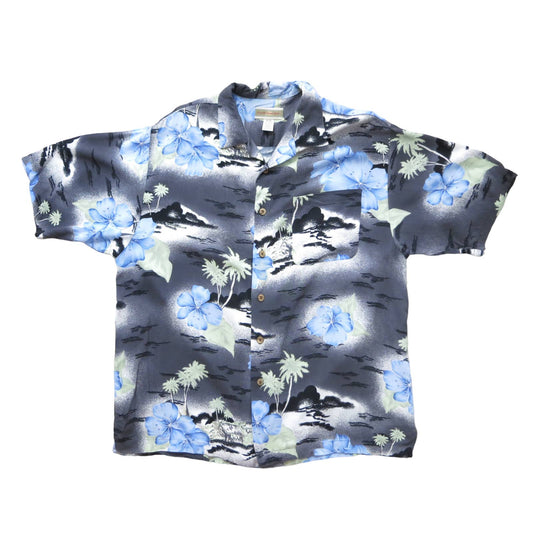 90s Vintage Men's Gray & Blue Hawaiian Shirt M