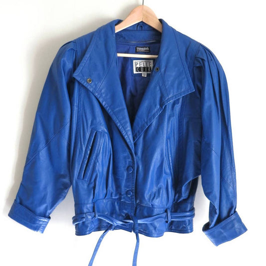80s Vintage Blue Leather Cropped Moto Jacket M