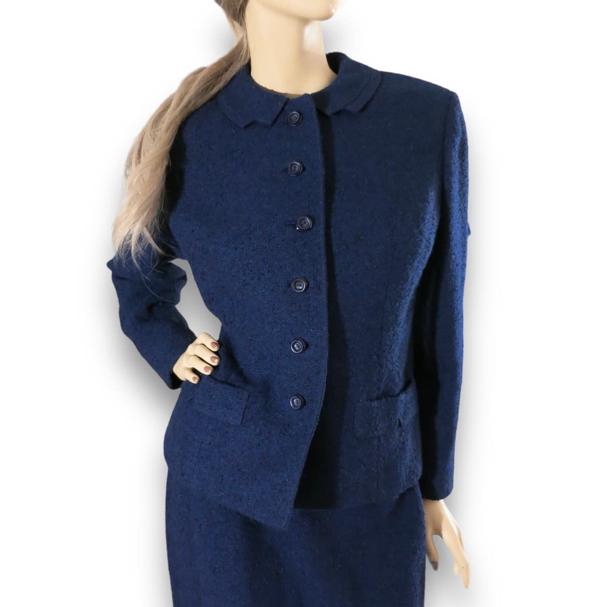 Vintage 1950s Navy Blue Wool Tweed Skirt Suit Size M