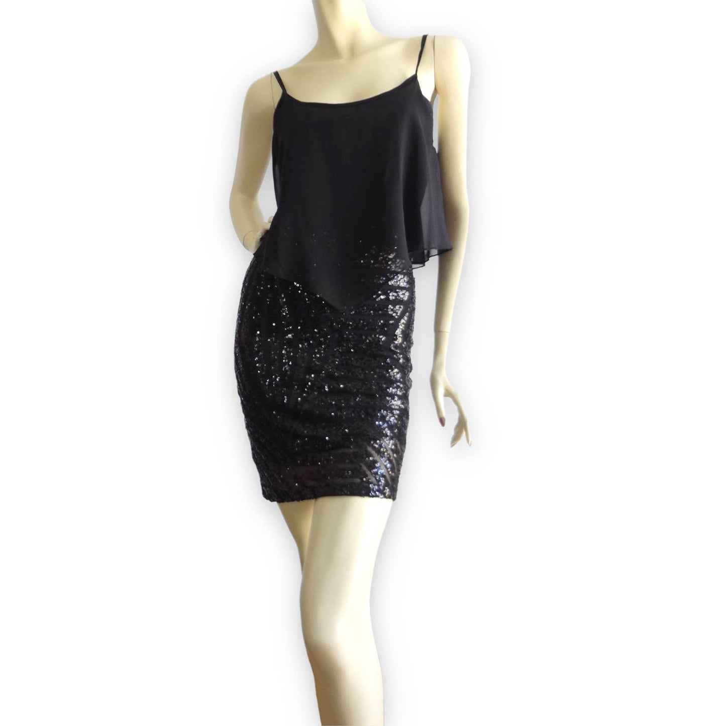 90s Vintage DEB Black Sequin Cocktail Dress S