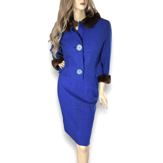 Vintage 60s Cobalt Blue Fur Trimmed Wool Skirt Suit Size 6