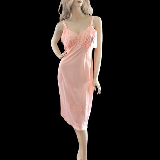 Vintage 1950s Orange Pink Lace Bodice Nylon Slip Dress Size M