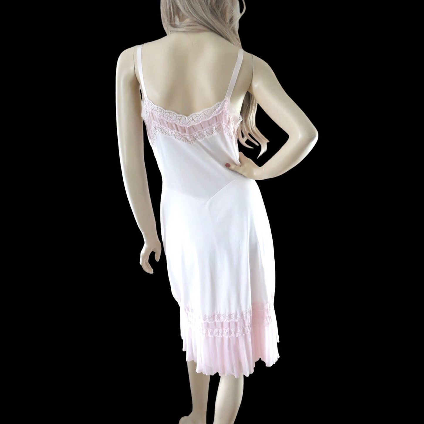 70s Vintage Pink Pleated Chiffon & Nylon Slip Dress S