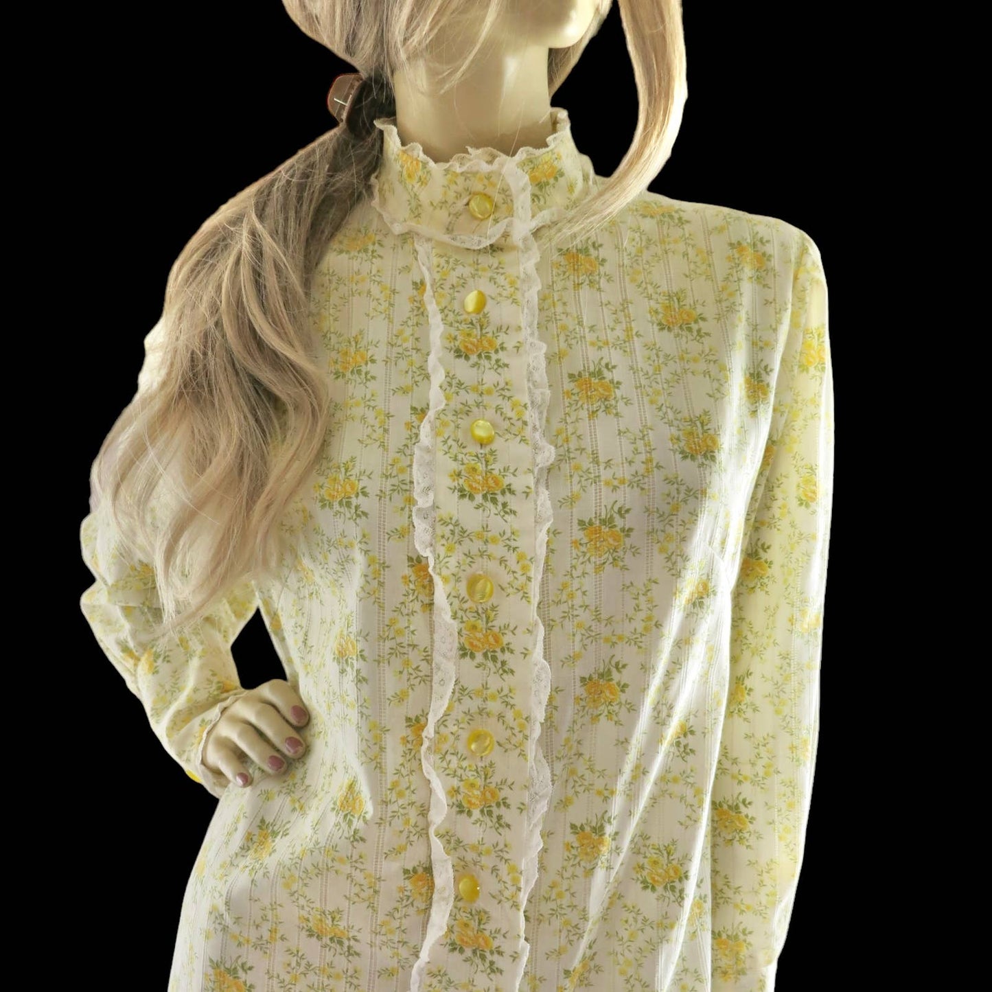 70s VTG Yellow Flower Power High Neck Dress M/L