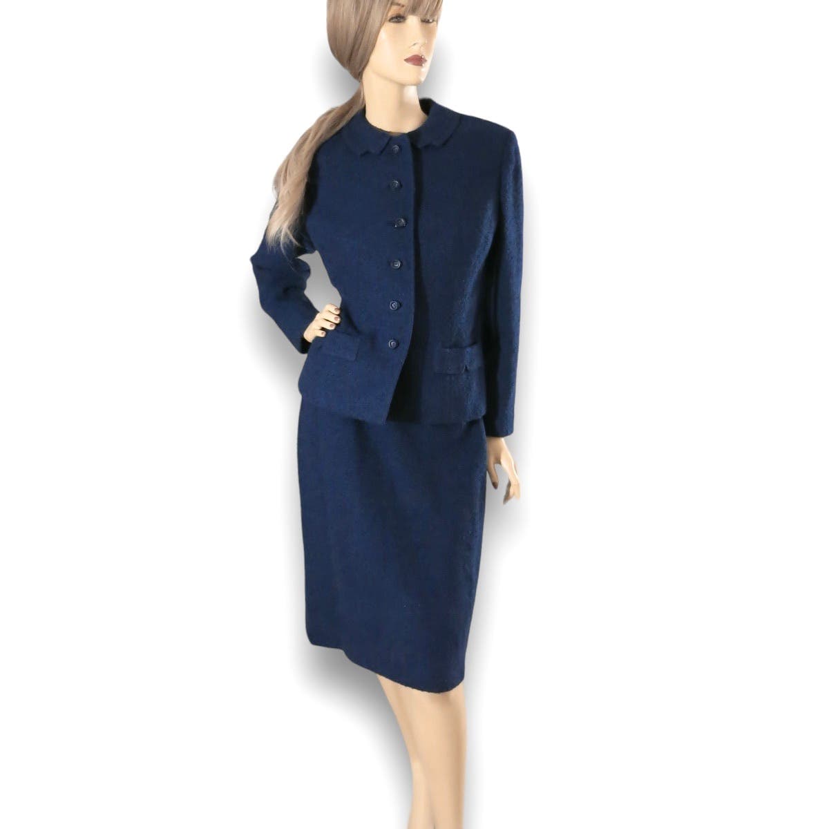 Vintage 1950s Navy Blue Wool Tweed Skirt Suit Size M