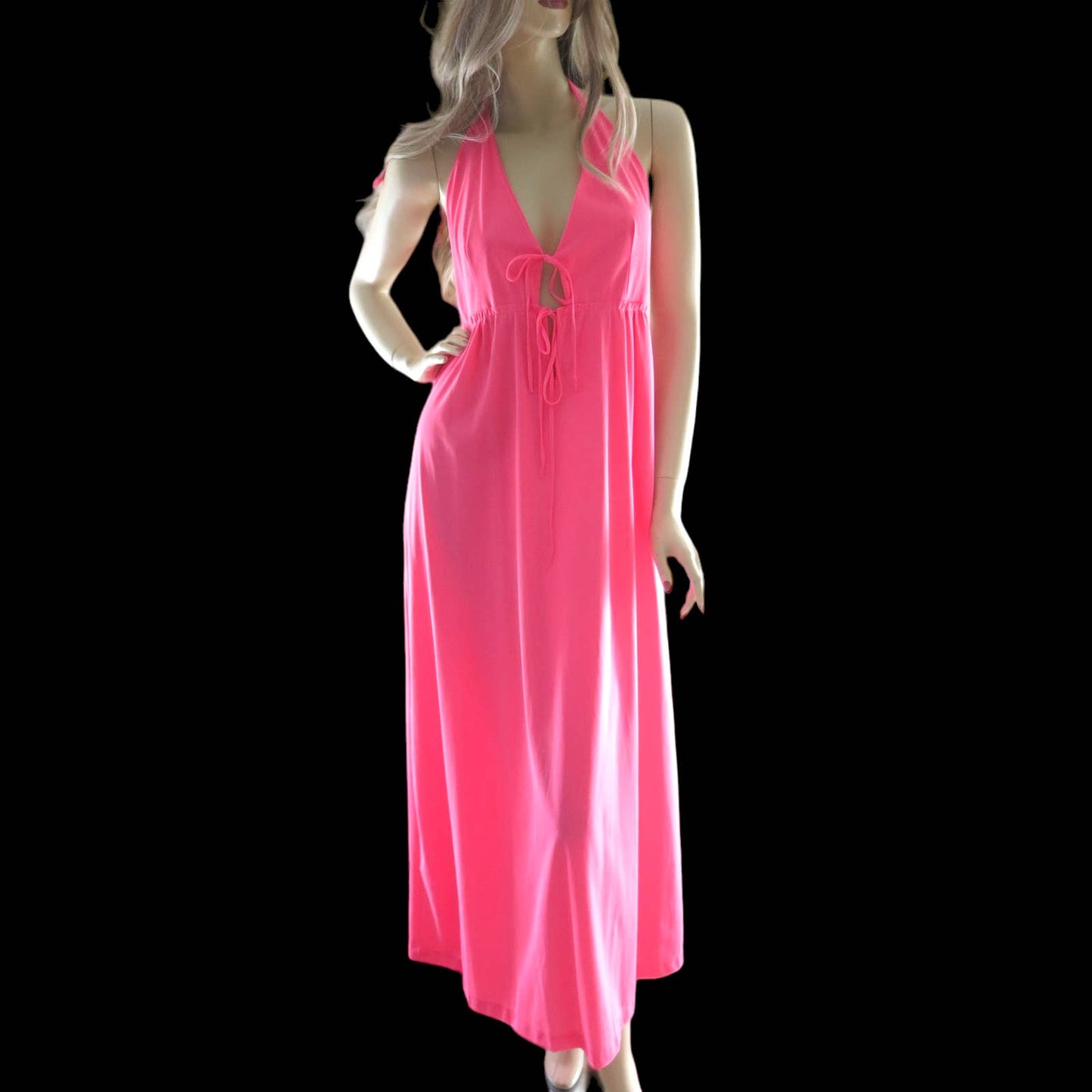 70s Hot Pink Halter Maxi Sleep Dress Nightgown M