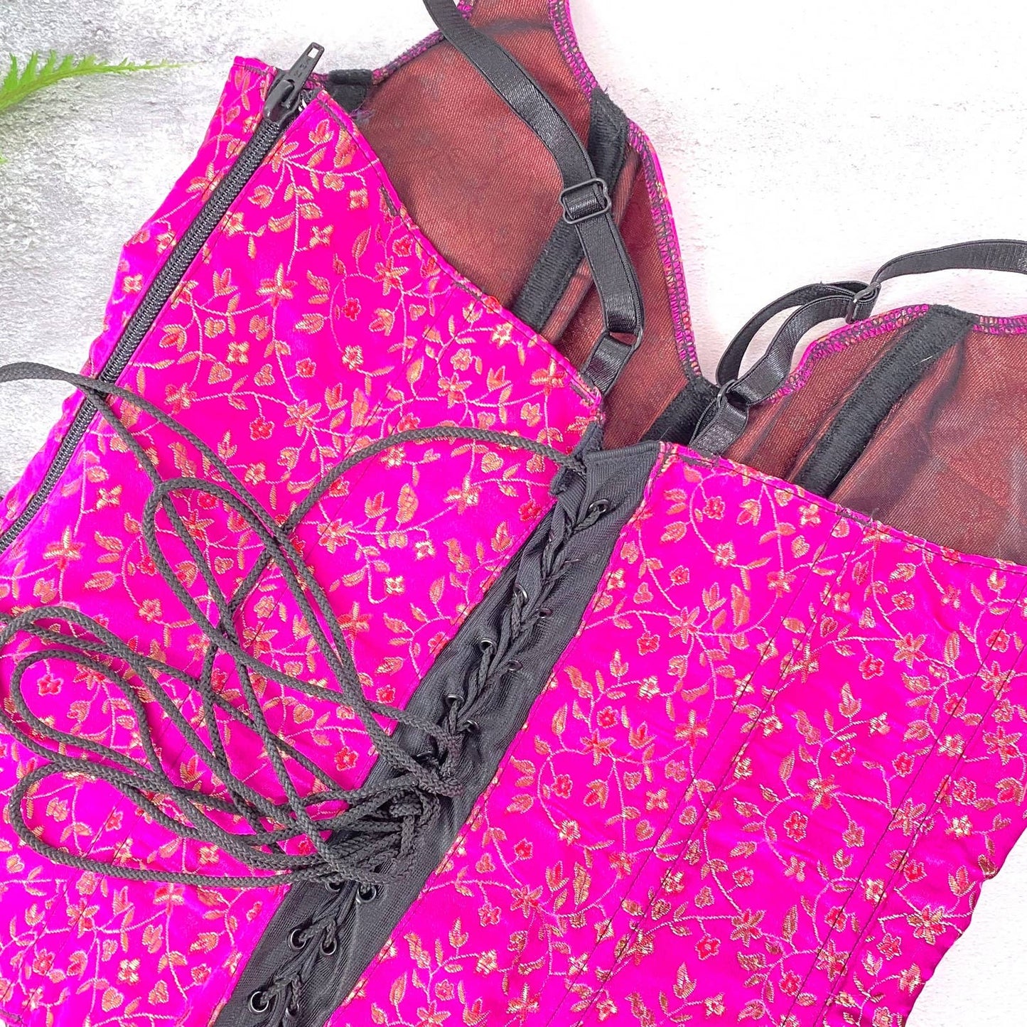 Y2K VTG Pink Satin Floral Brocade Corset Bustier Costume XS/S