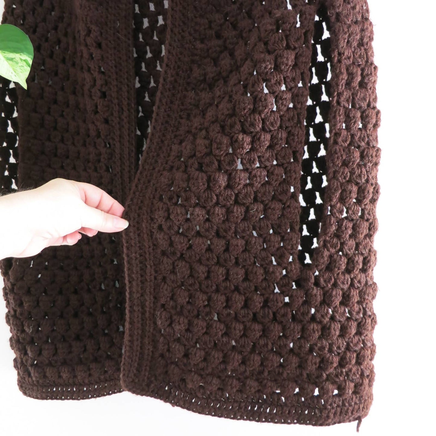 70s VTG Dark Brown Hand Crochet Open Front Wrap