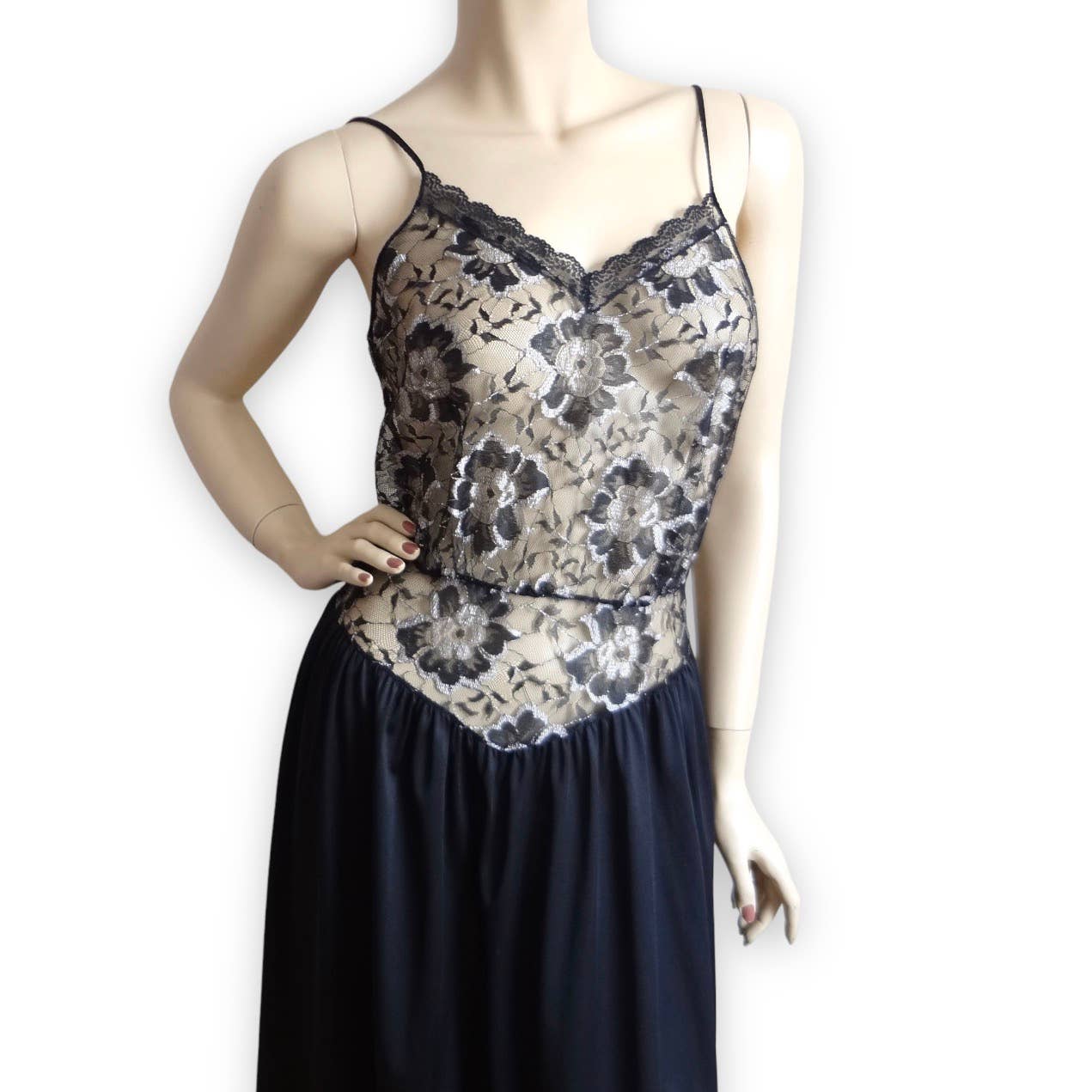 80s Vintage Black Lace Bodice Nightgown S