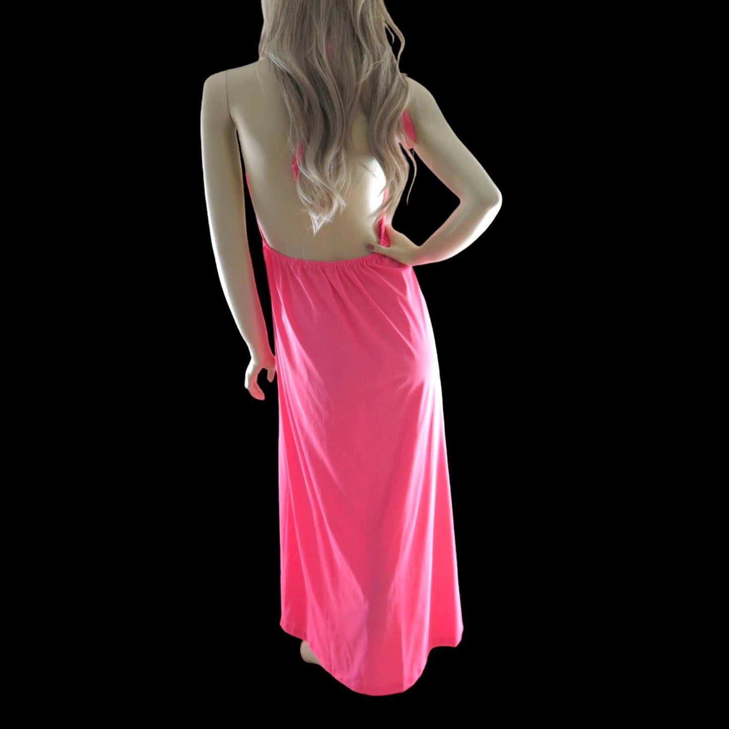 70s Hot Pink Halter Maxi Sleep Dress Nightgown M