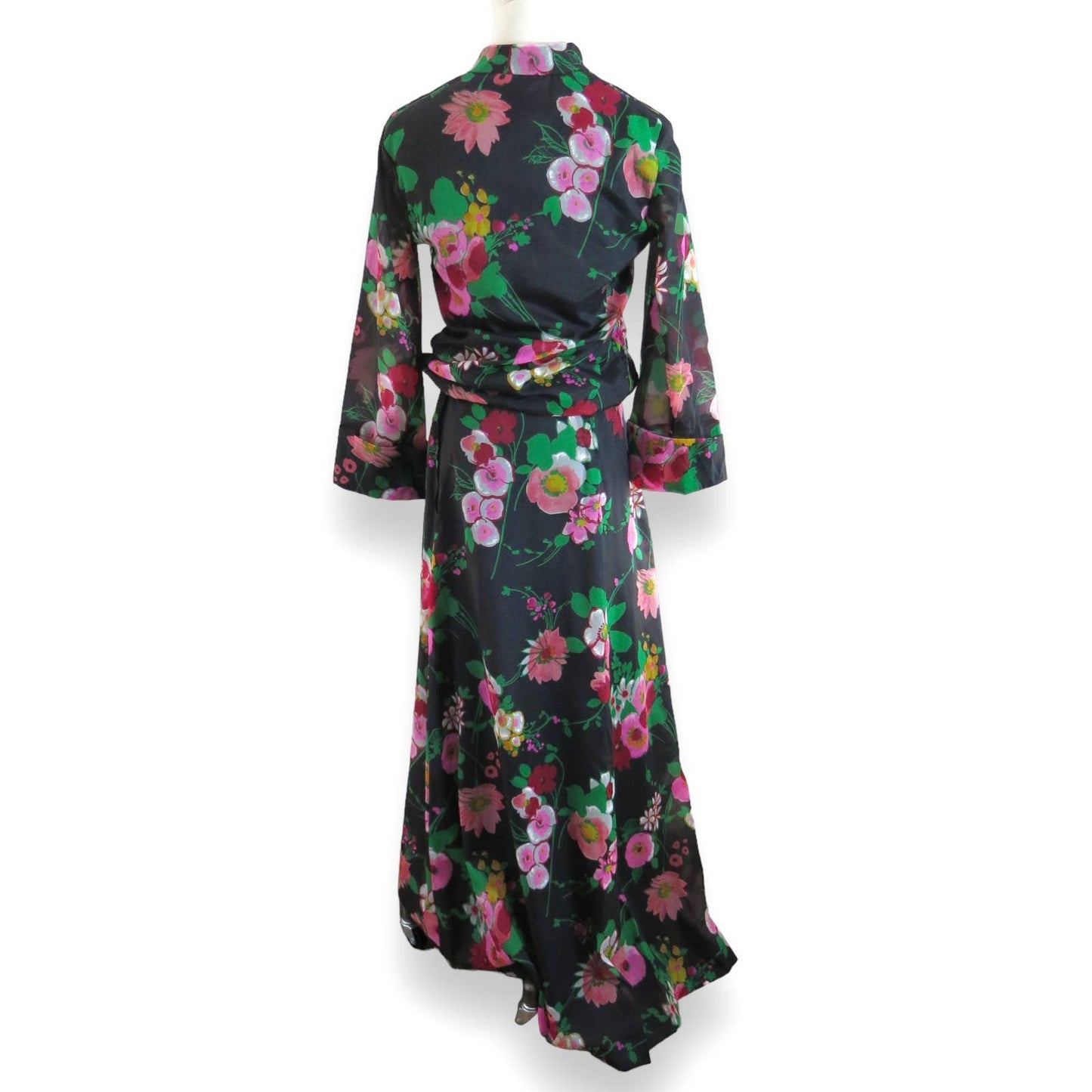 70s Black Floral Blouse & Maxi Skirt Set S/M