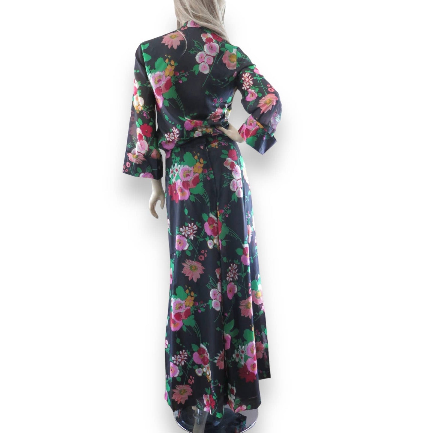 70s Black Floral Blouse & Maxi Skirt Set S/M