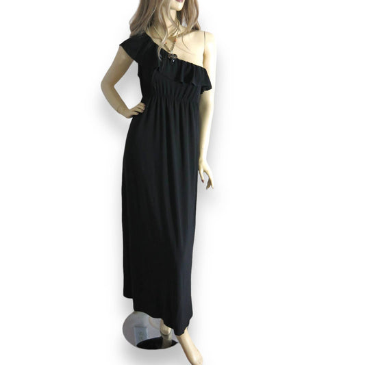 Vintage 70s Black One Shoulder Ruffle Dress