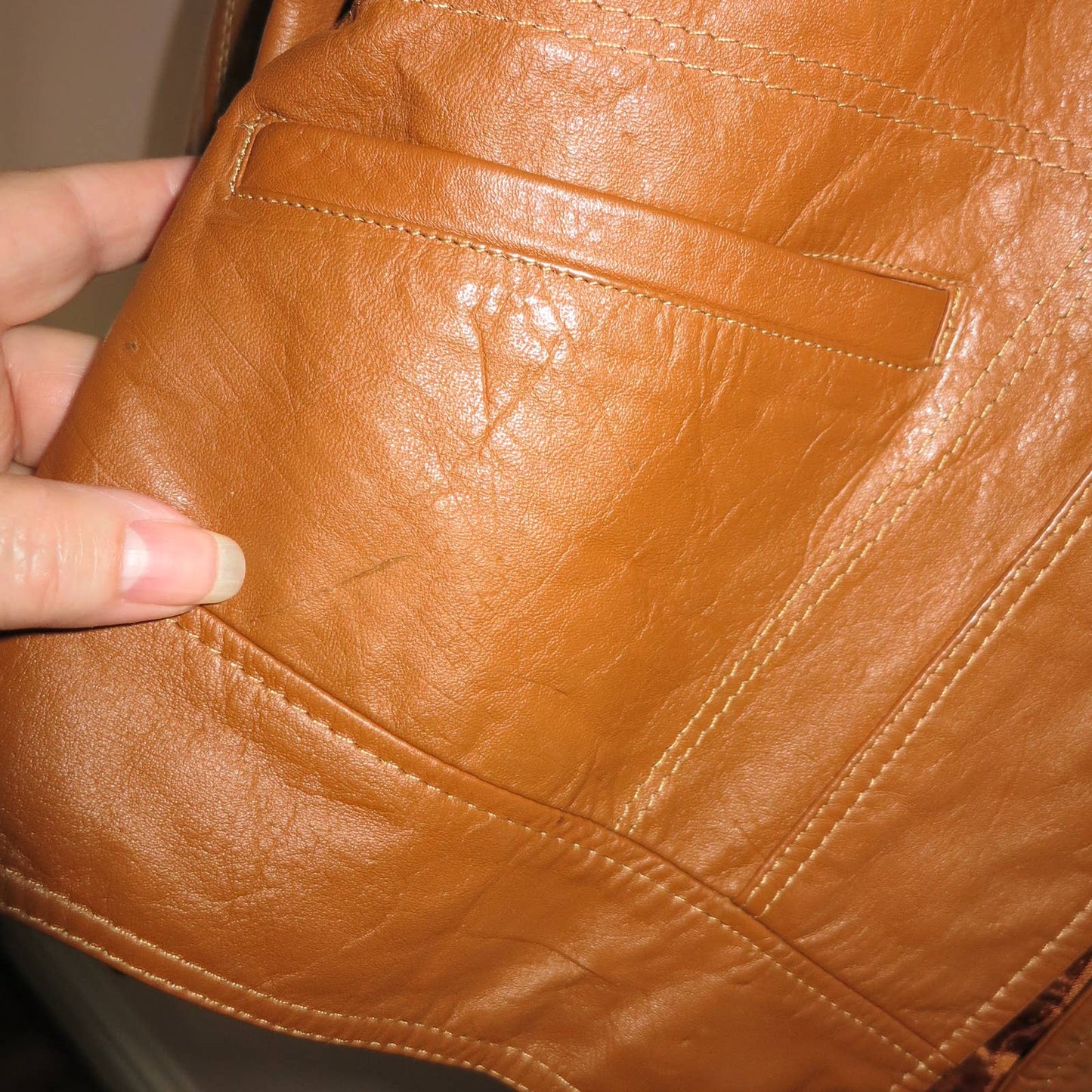 70s Vintage Cropped Leather Moto Jacket L | Caramel
