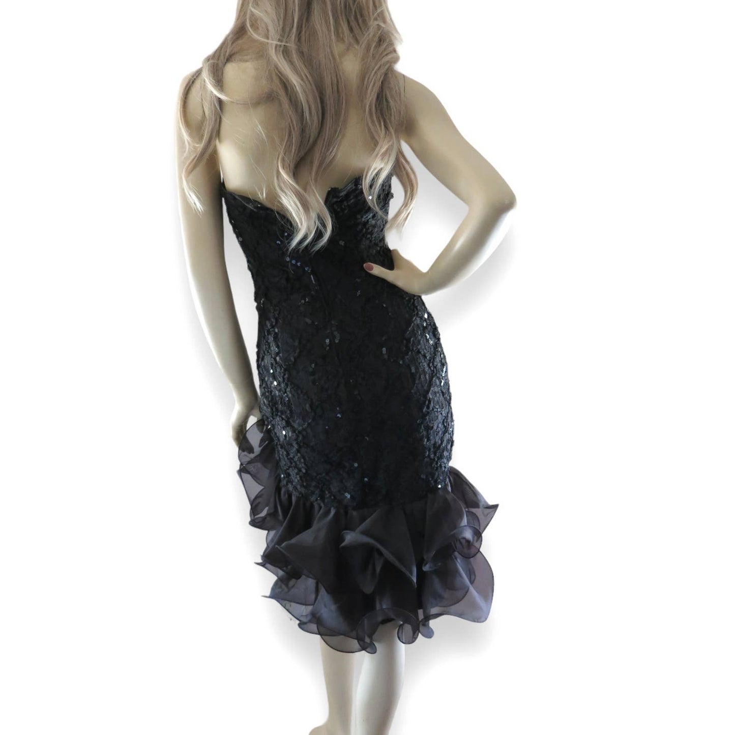 80s Vintage Black Sequined Ruffled Tulle Prom Dress XS